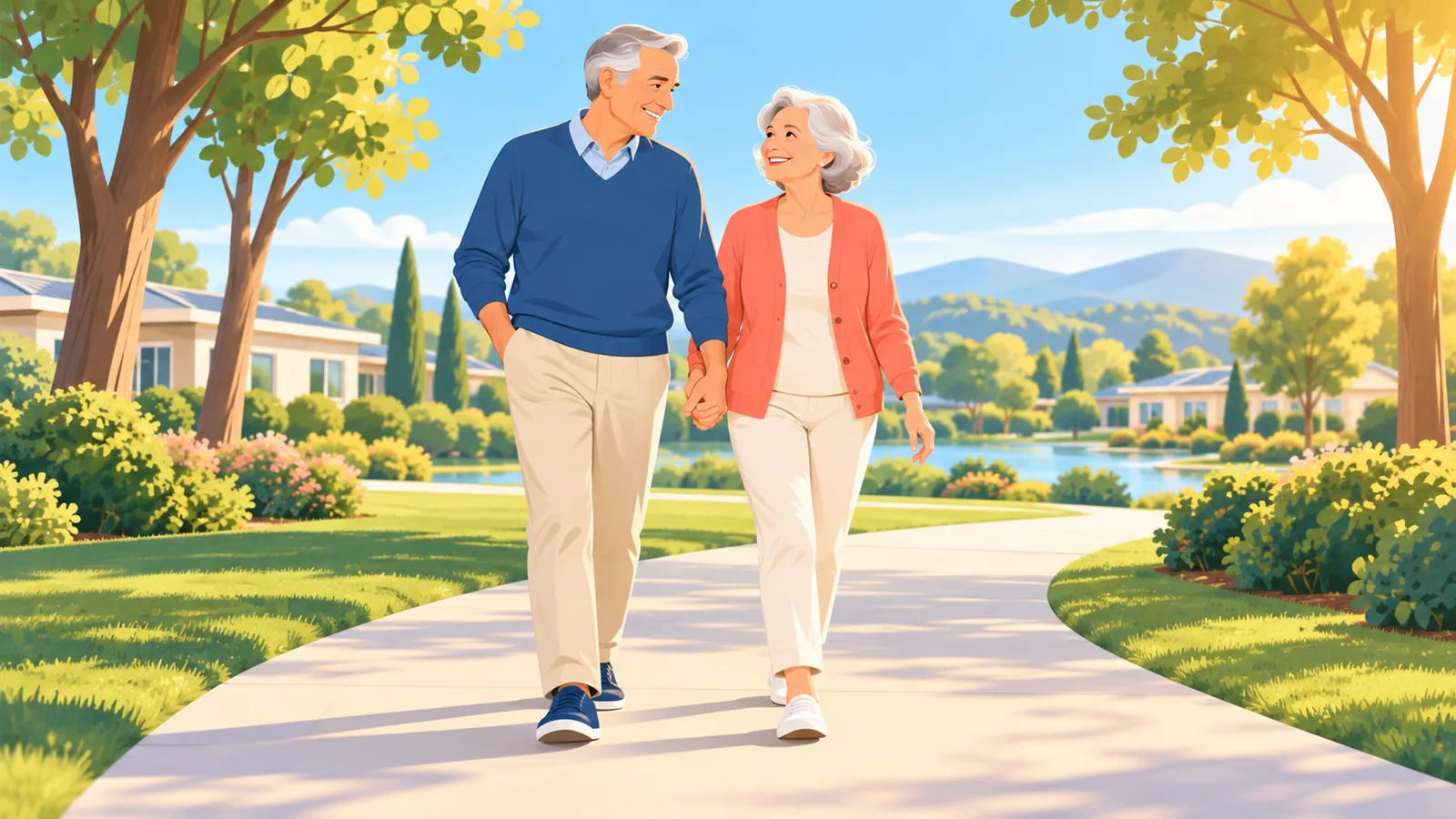 Pareja de jubilados paseando por una urbanización tranquila con jardines y senderos