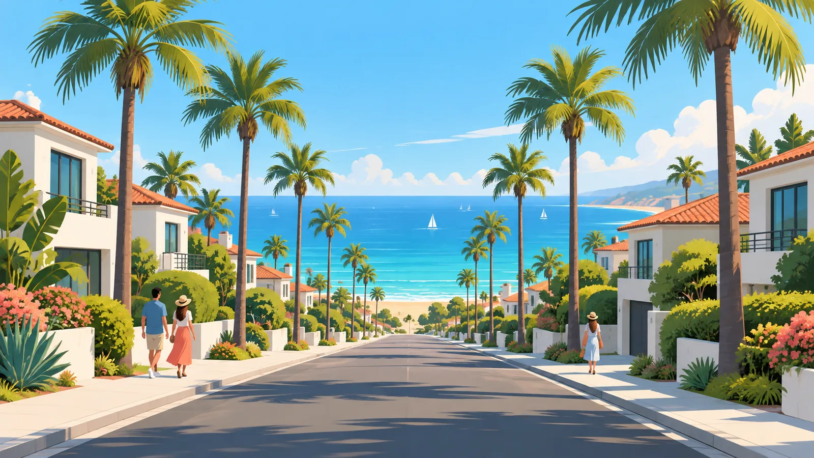 Paisaje costero residencial con palmeras que representa un destino popular de jubilación