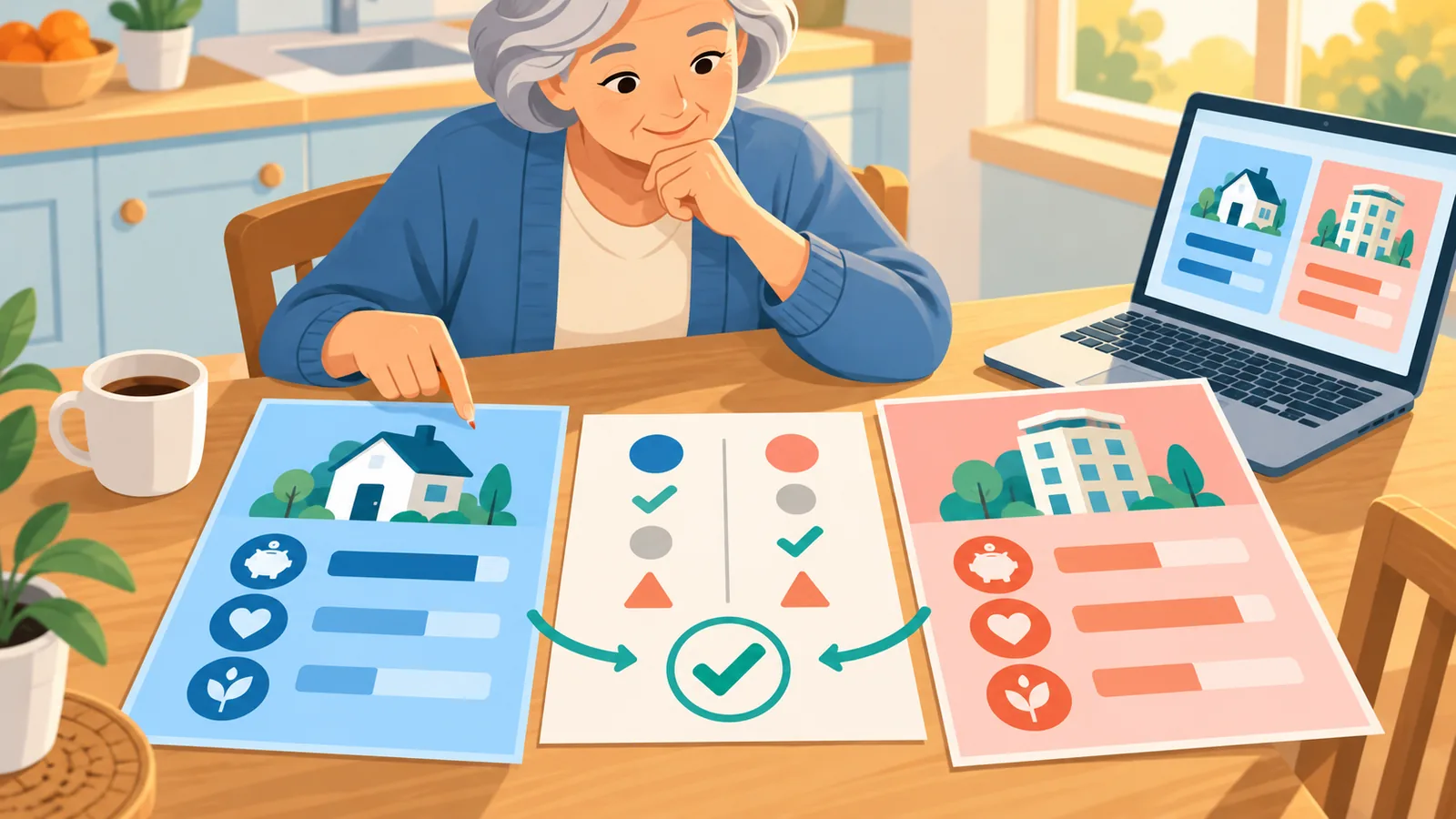 Persona comparando opciones de comunidades con papeles y un portátil