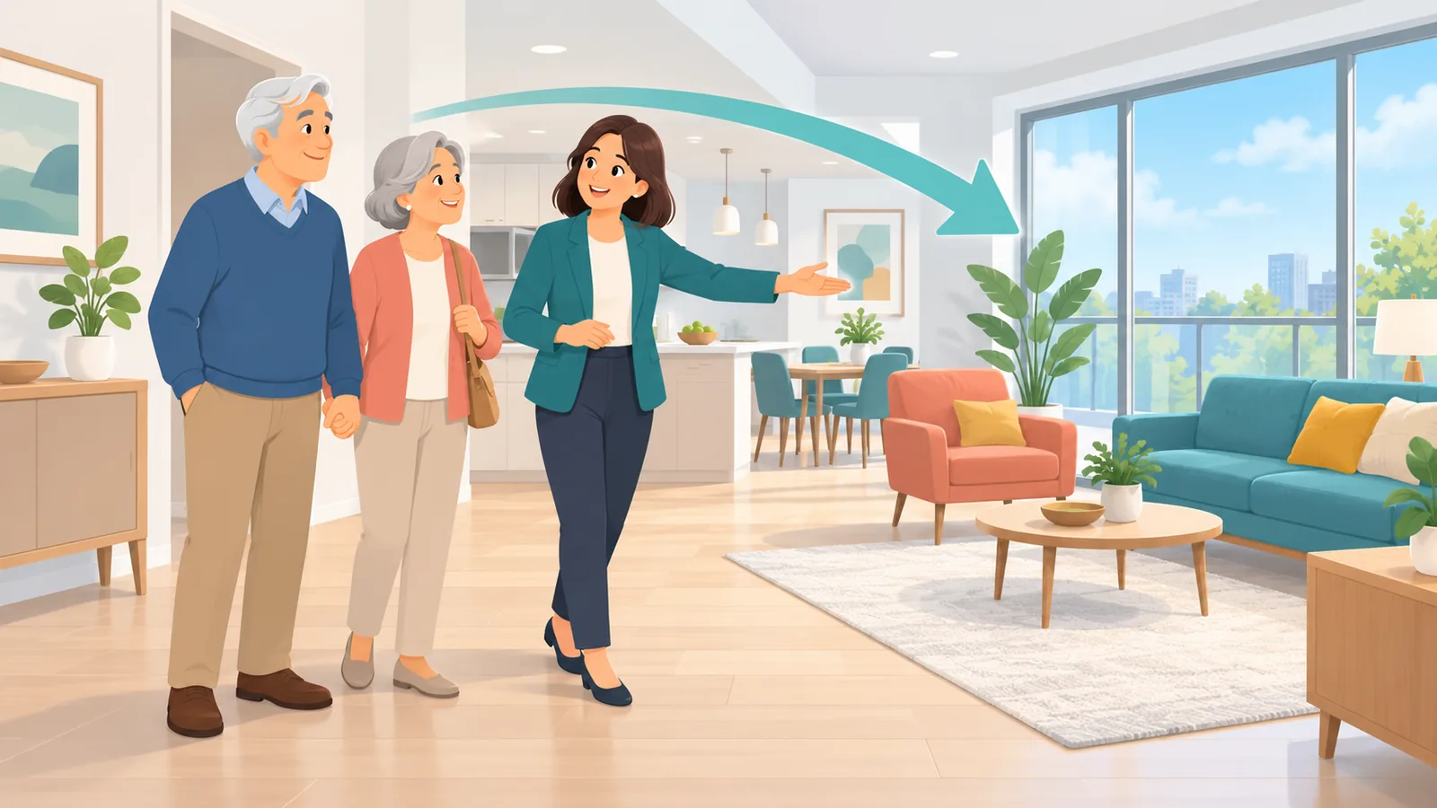 Pareja visitando una comunidad residencial acompañada por una asesora