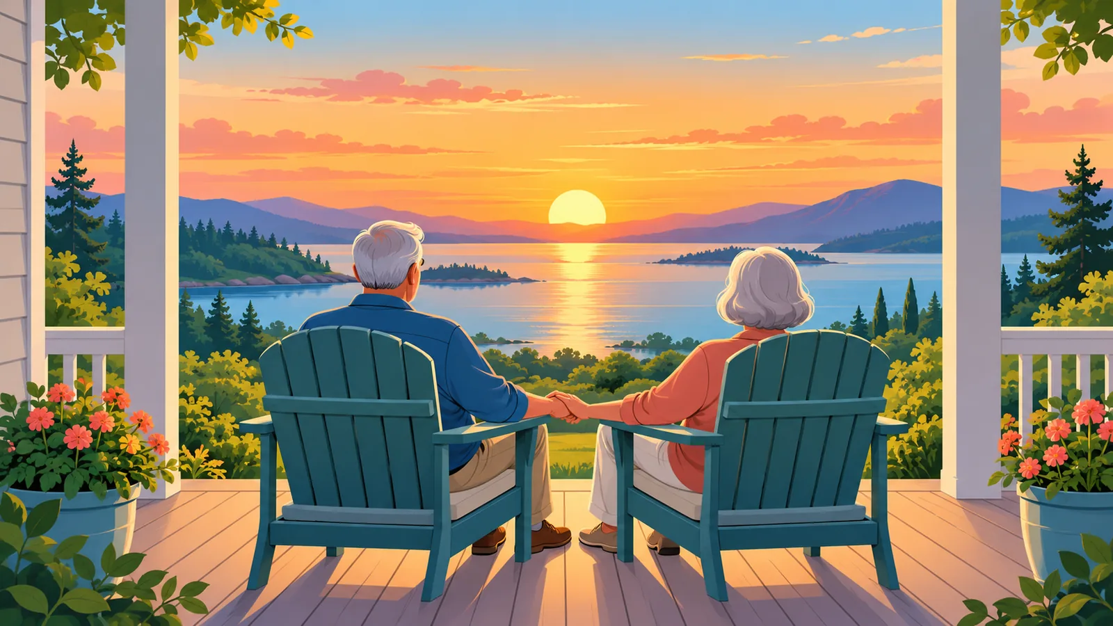 Pareja de jubilados mirando el atardecer desde un porche