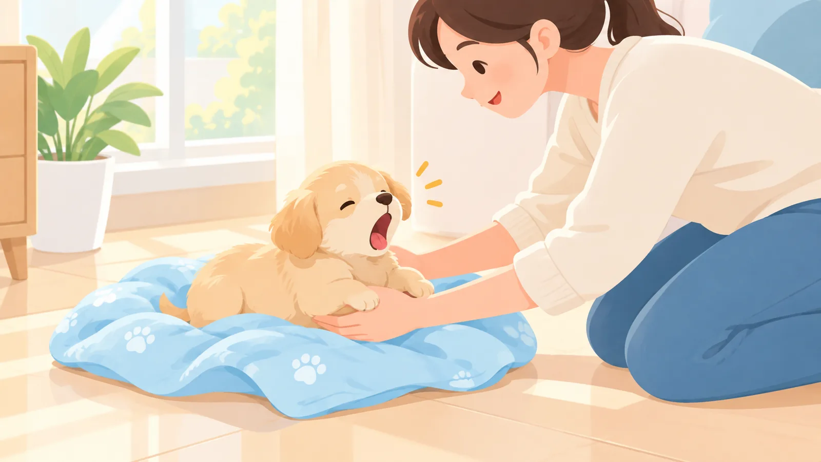 Cachorro despertando de la siesta mientras su dueño se agacha para cogerlo