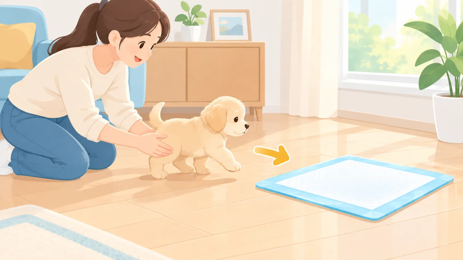 Dueño guiando con calma a un cachorro hacia el empapador
