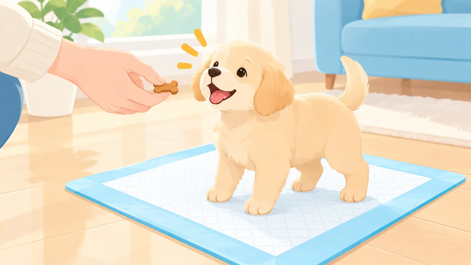 Cachorro recibiendo un premio pequeño tras usar el empapador