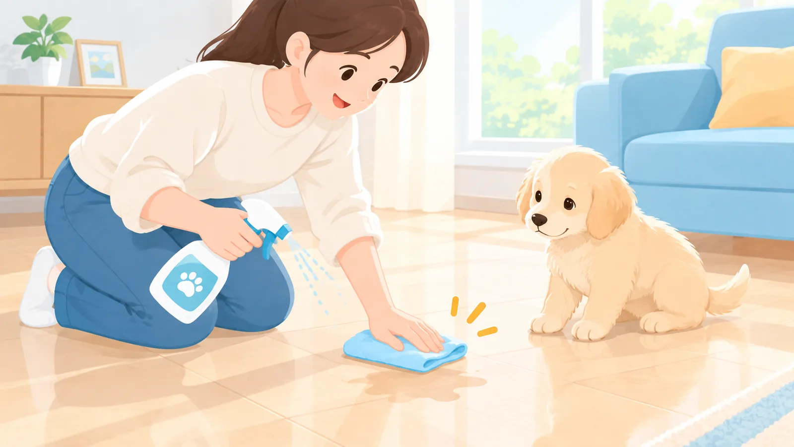 Persona limpiando un accidente del cachorro con un limpiador de olores