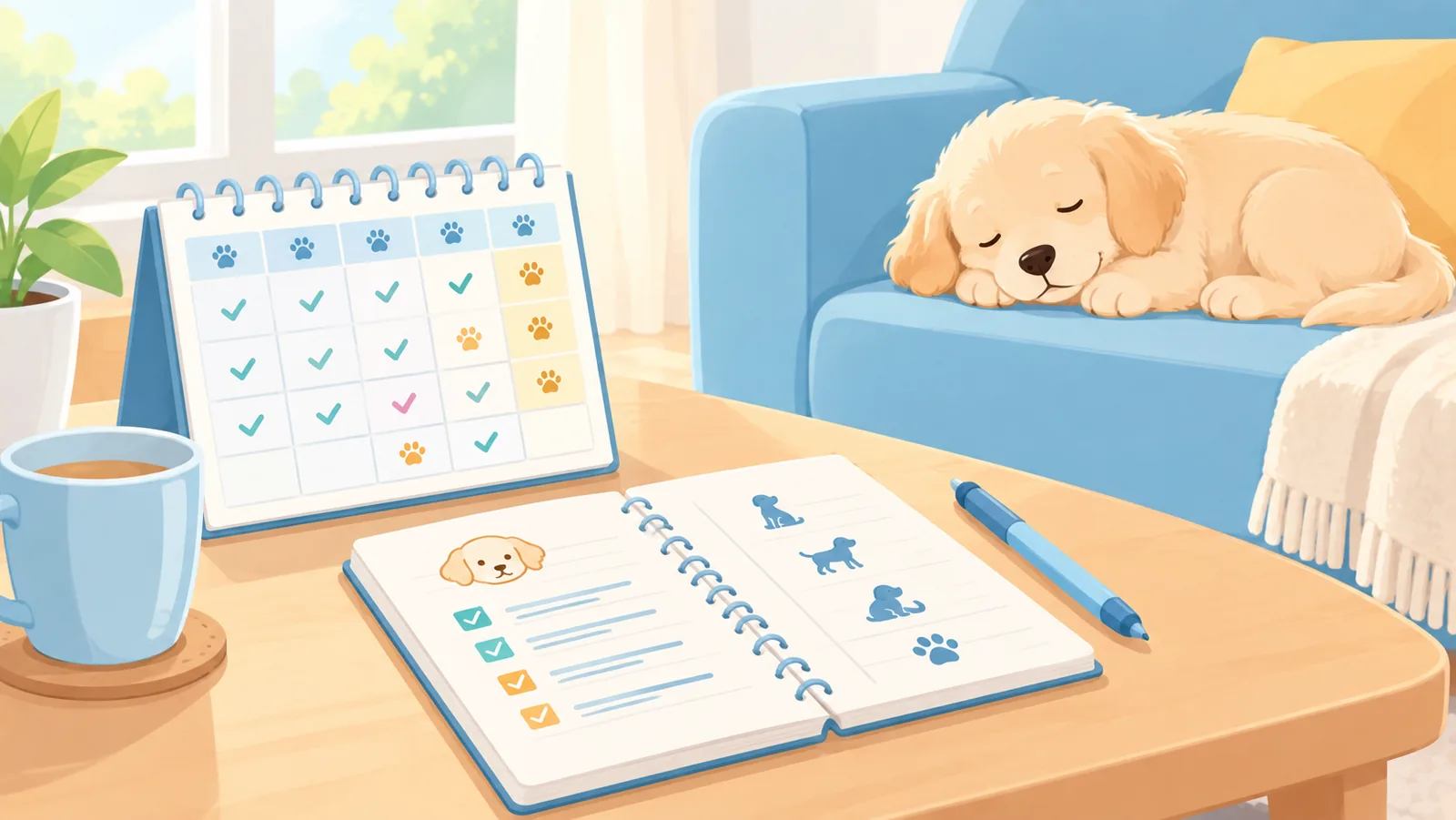 Calendario y cuaderno de notas junto a un cachorro dormido en el sofá