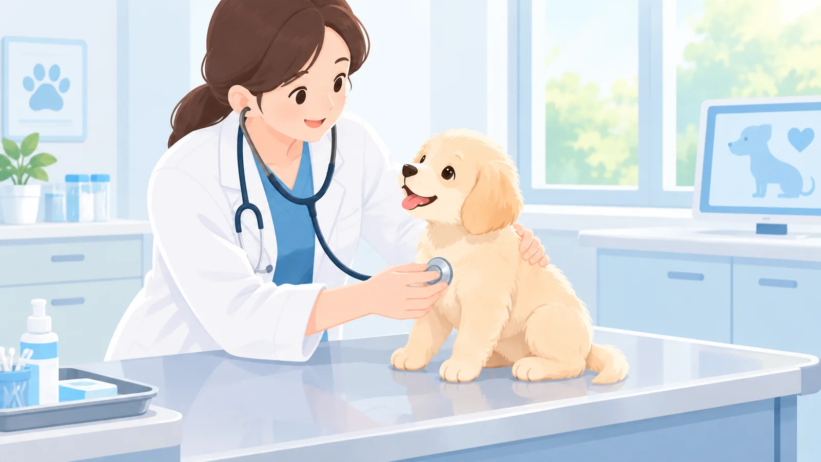 Veterinario revisando con cuidado a un cachorro en la consulta