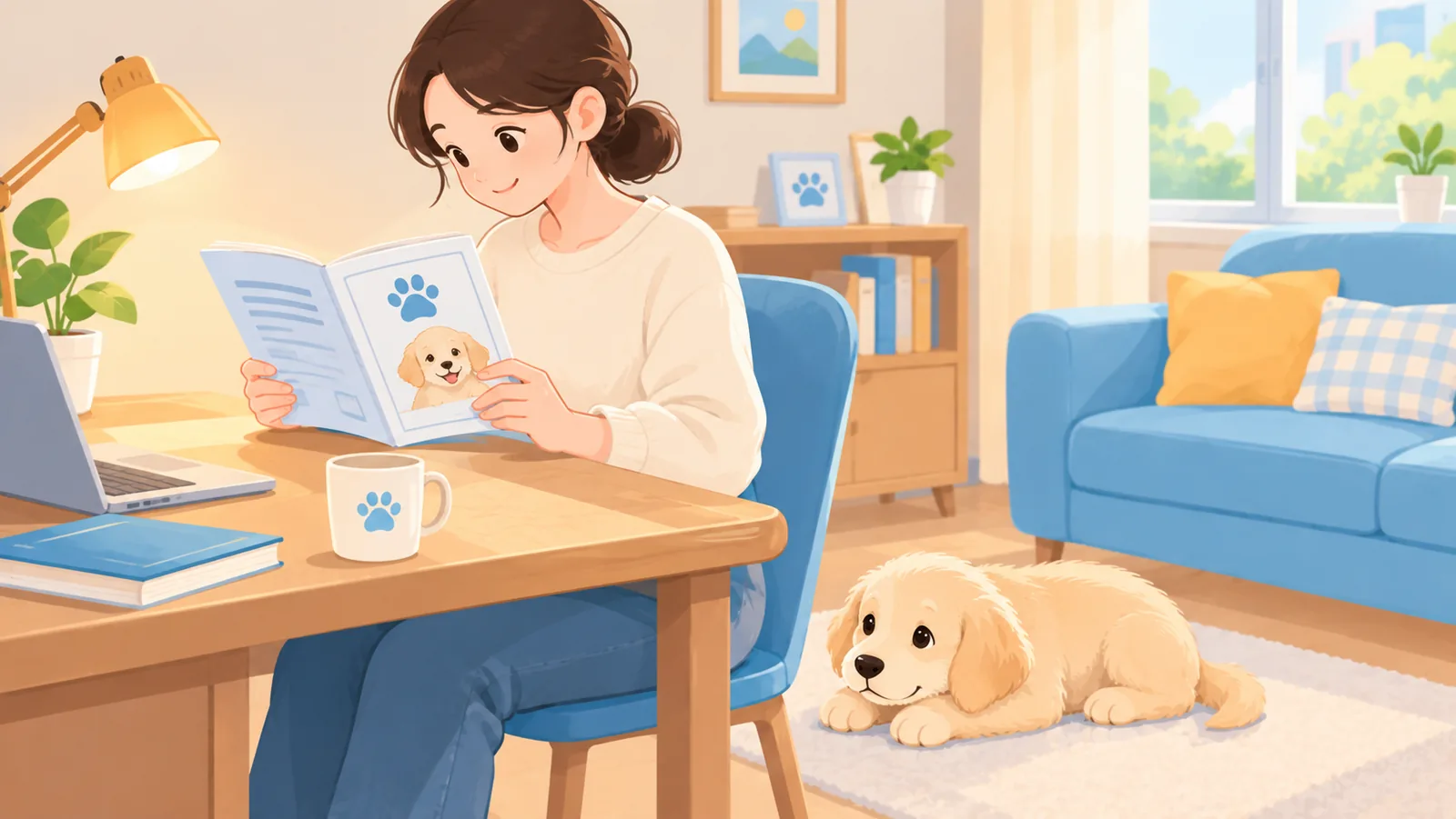 Dueño leyendo una guía impresa con su cachorro tumbado a los pies