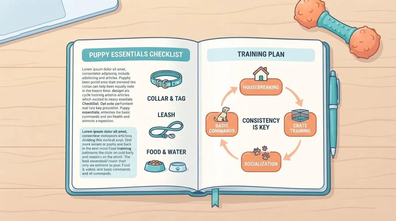 Cuaderno abierto con artículos impresos y un juguete de cachorro sobre el escritorio