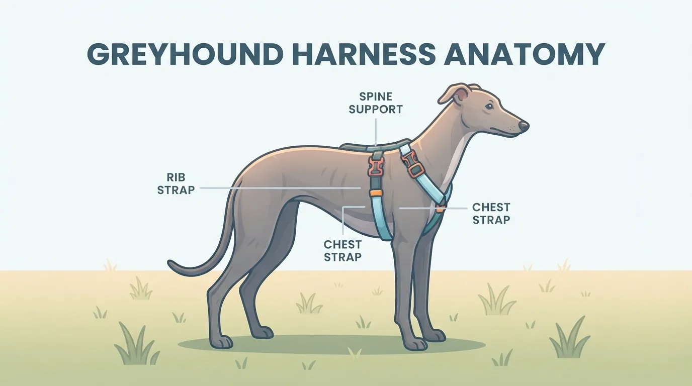 Perro de pecho profundo con un arnés de doble H en un prado