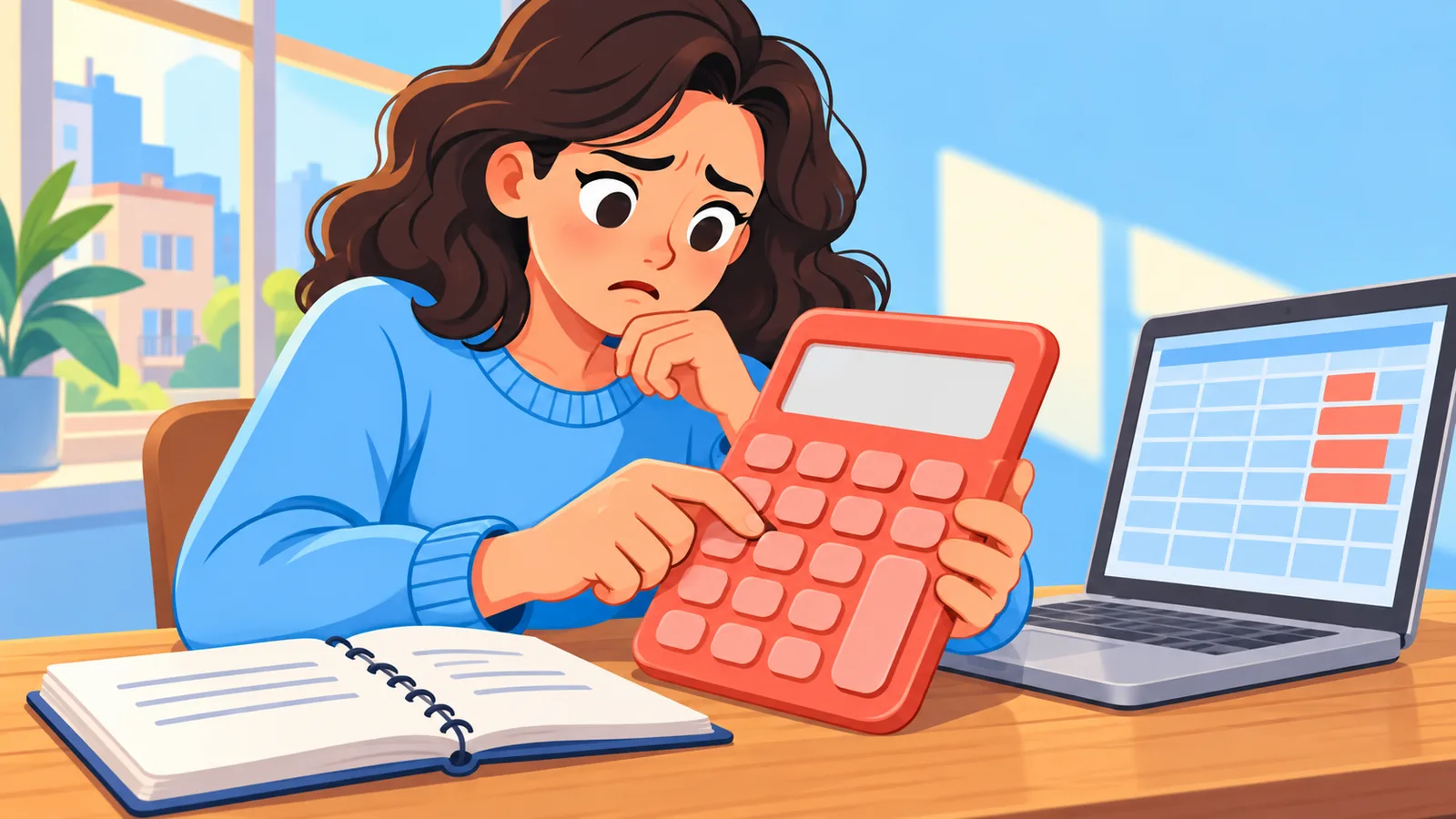 Persona calculando su presupuesto mensual de alquiler con calculadora y portátil