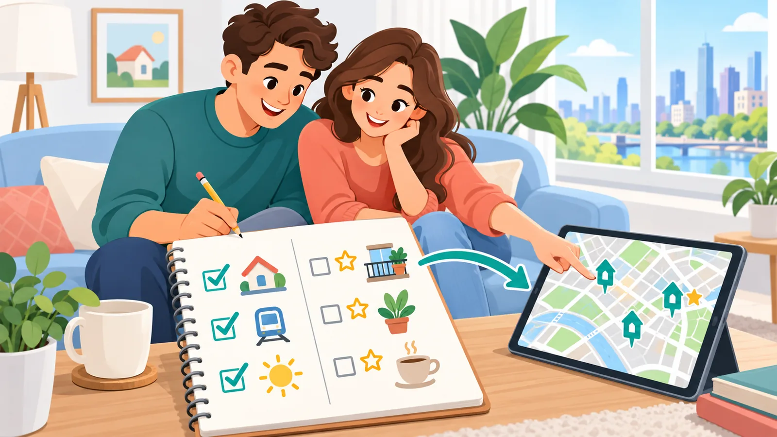 Pareja anotando los requisitos imprescindibles y deseables de su futuro piso