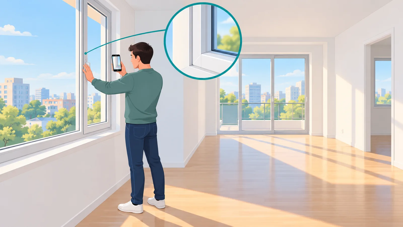 Inquilino revisando las ventanas de un piso durante la visita