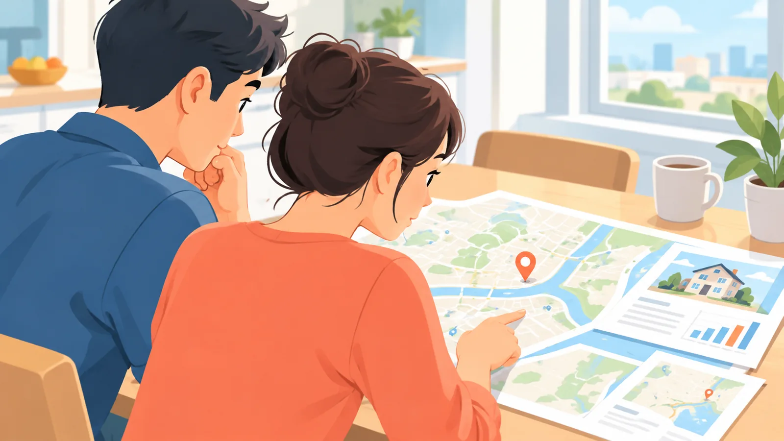 Pareja revisando mapas de mercados inmobiliarios en la mesa de la cocina
