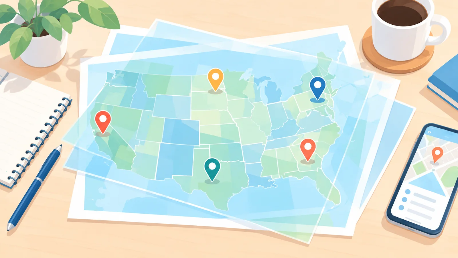 Mapa de Estados Unidos con varias ciudades marcadas