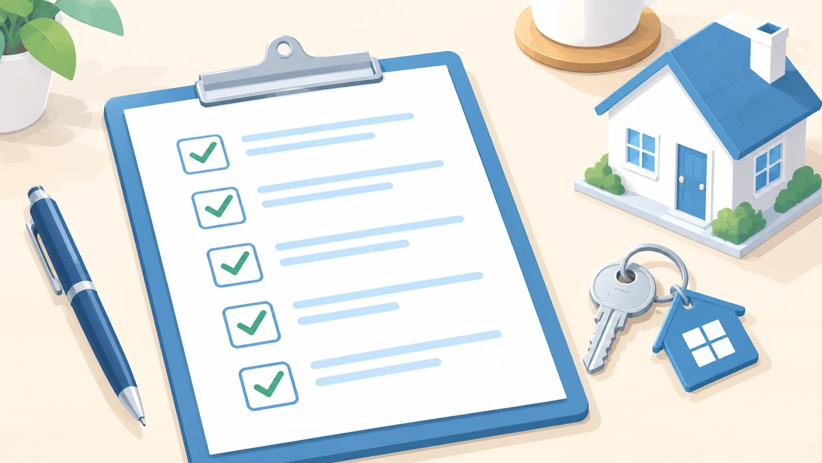 Lista de verificación junto a llaves y una casa en miniatura
