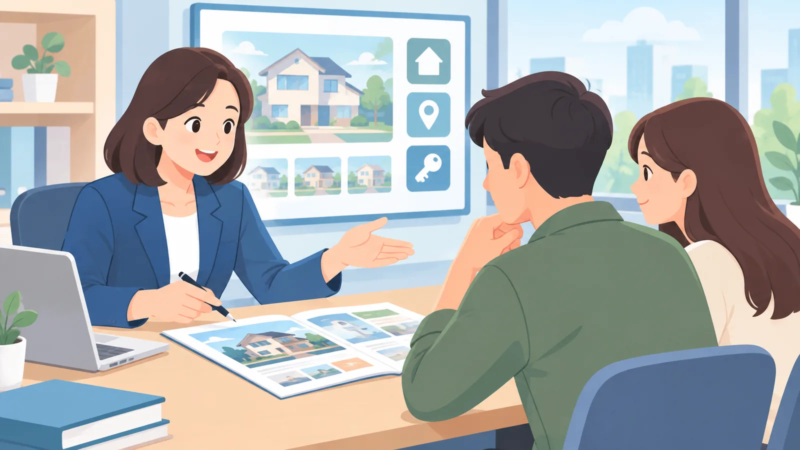 Asesor inmobiliario respondiendo dudas a una pareja