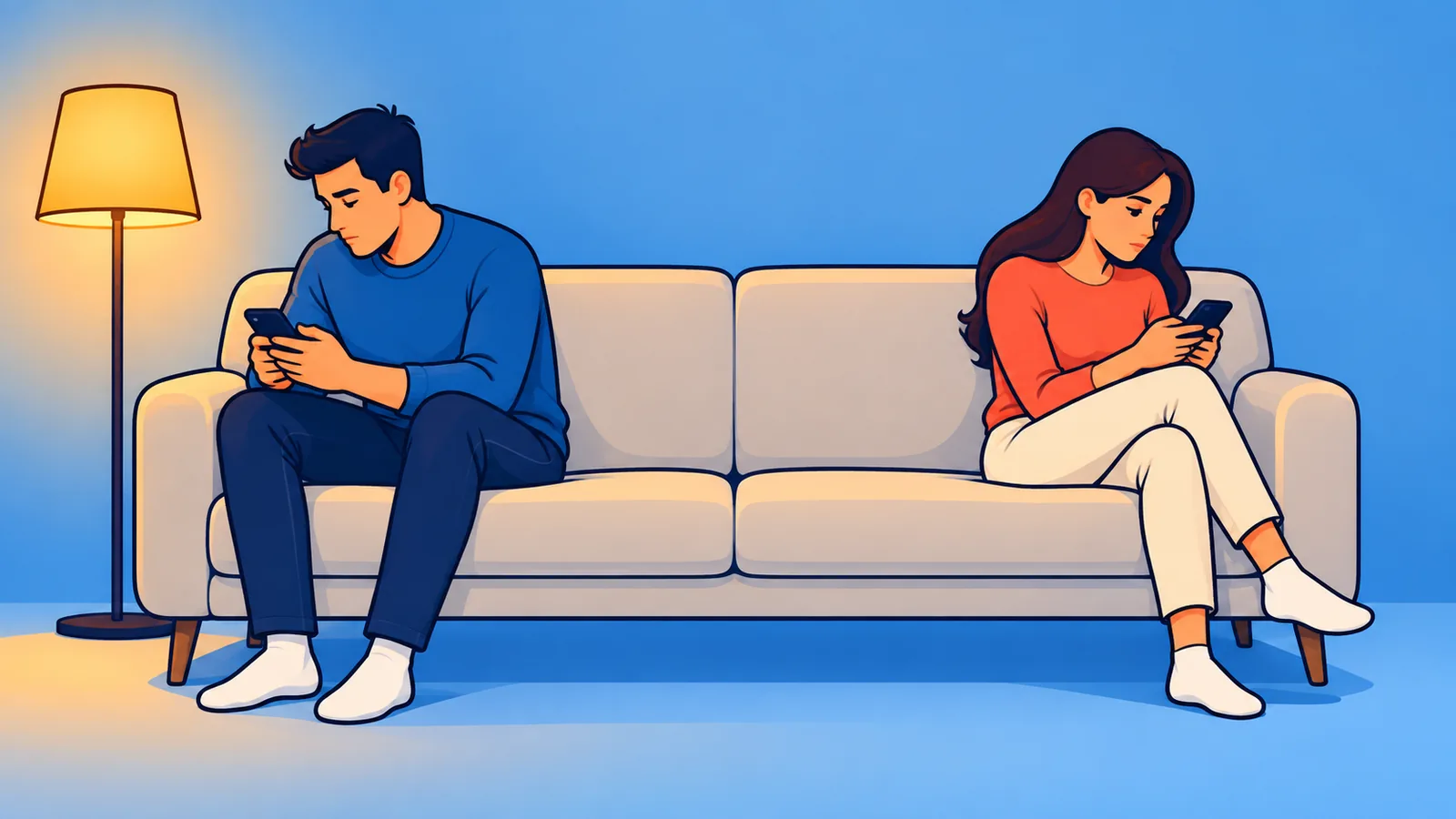 Pareja sentada en el sofá, cada uno mirando su móvil, con poca conexión entre ambos