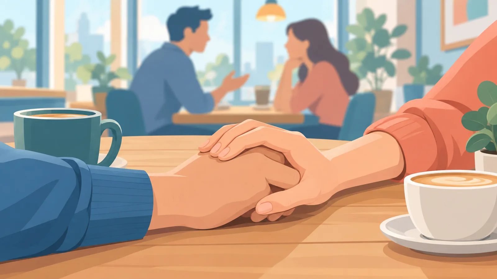 Pareja cogida de la mano sobre una mesa, en un momento de conversación sincera