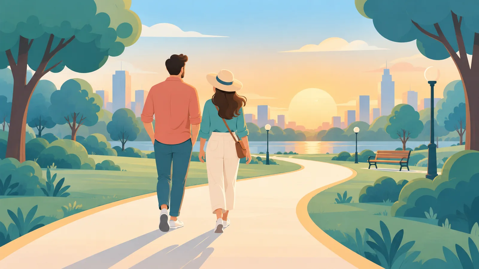 Pareja paseando juntos al atardecer por un parque