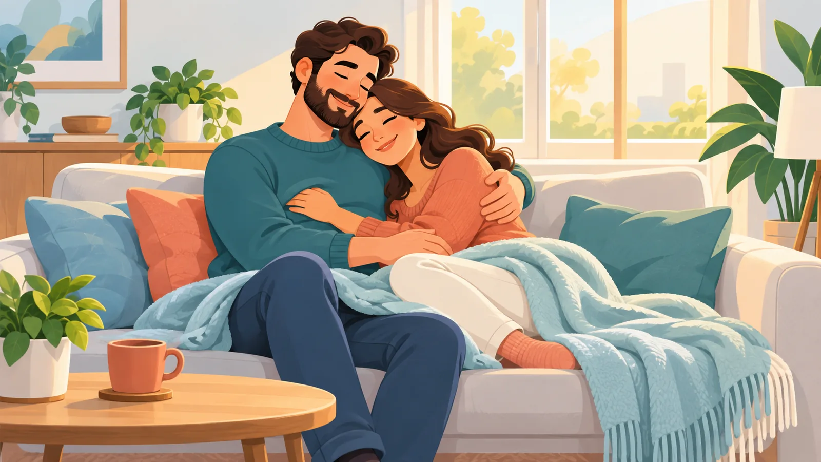Pareja abrazada en el sofá, cercanía y ternura cotidiana