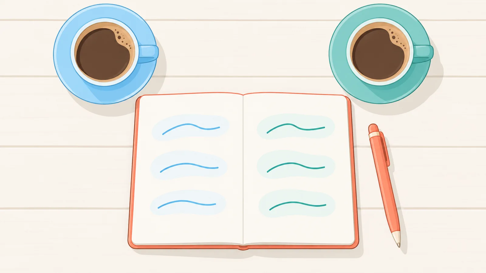 Dos tazas de café y un cuaderno con dos columnas sobre una mesa de madera