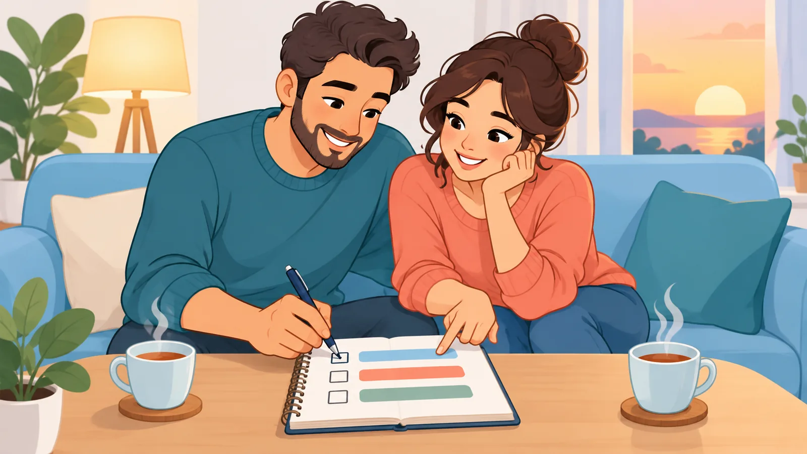 Pareja repasando juntos una lista en un cuaderno durante unos minutos