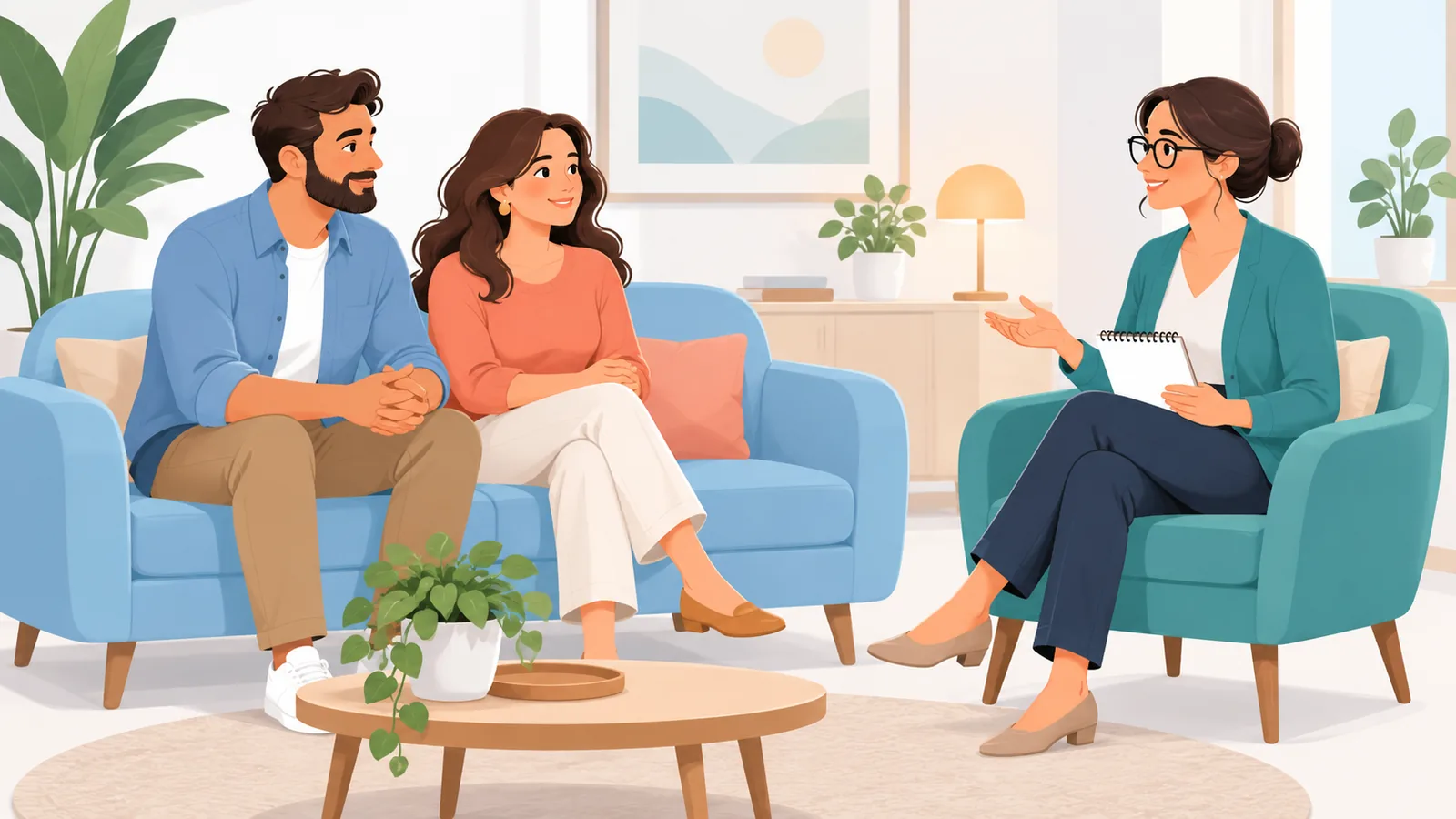 Pareja en una consulta con una terapeuta en un ambiente tranquilo