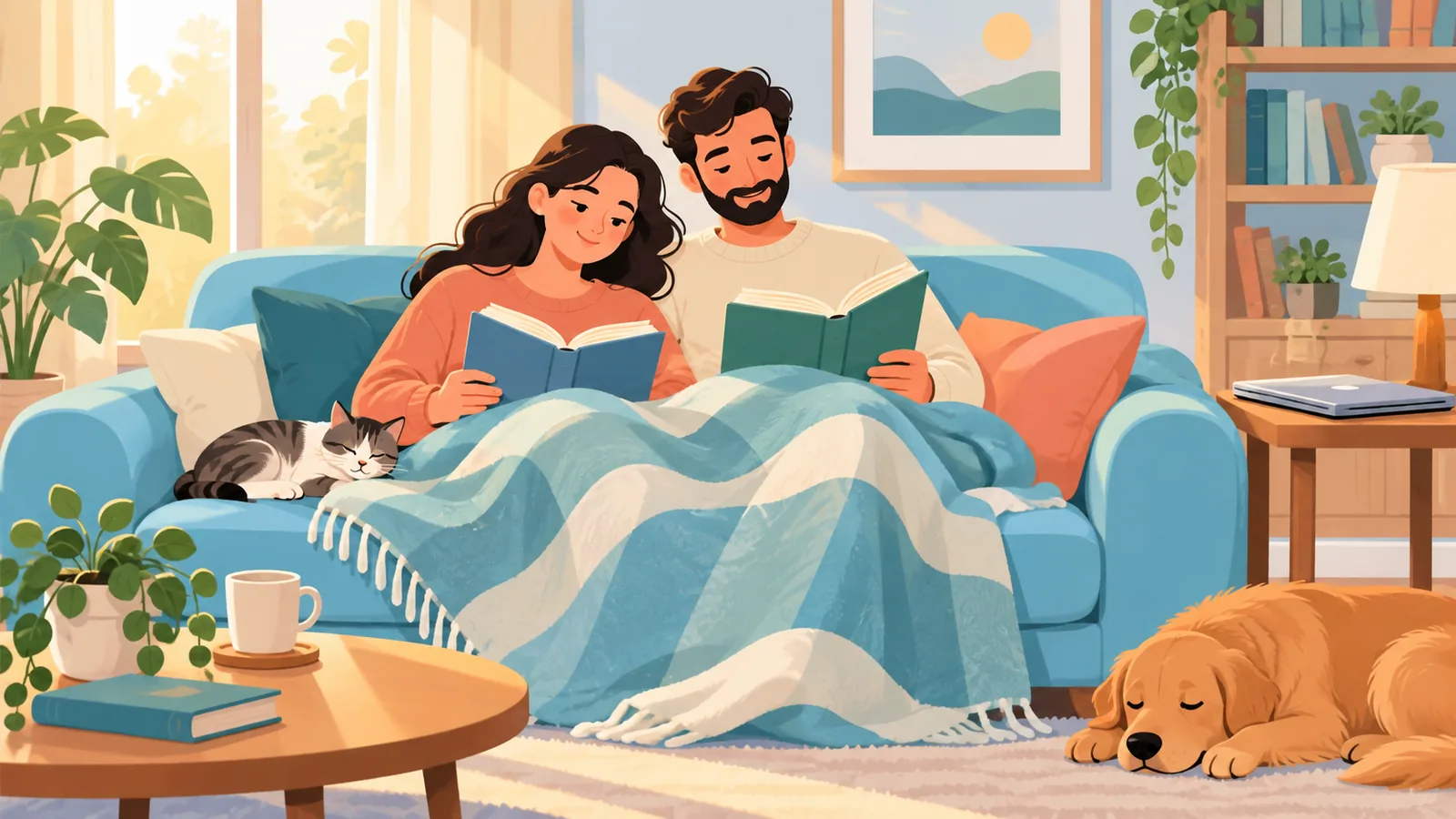 Pareja relajada leyendo juntos en casa, con un ambiente tranquilo