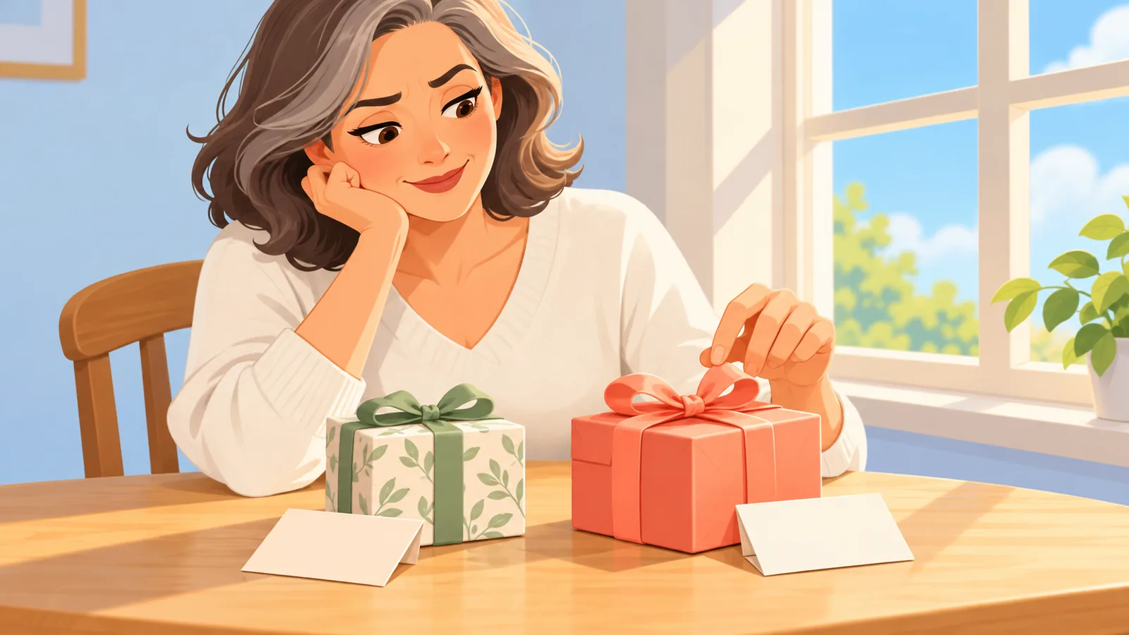 Mujer eligiendo regalos de jubilación sobre una mesa luminosa