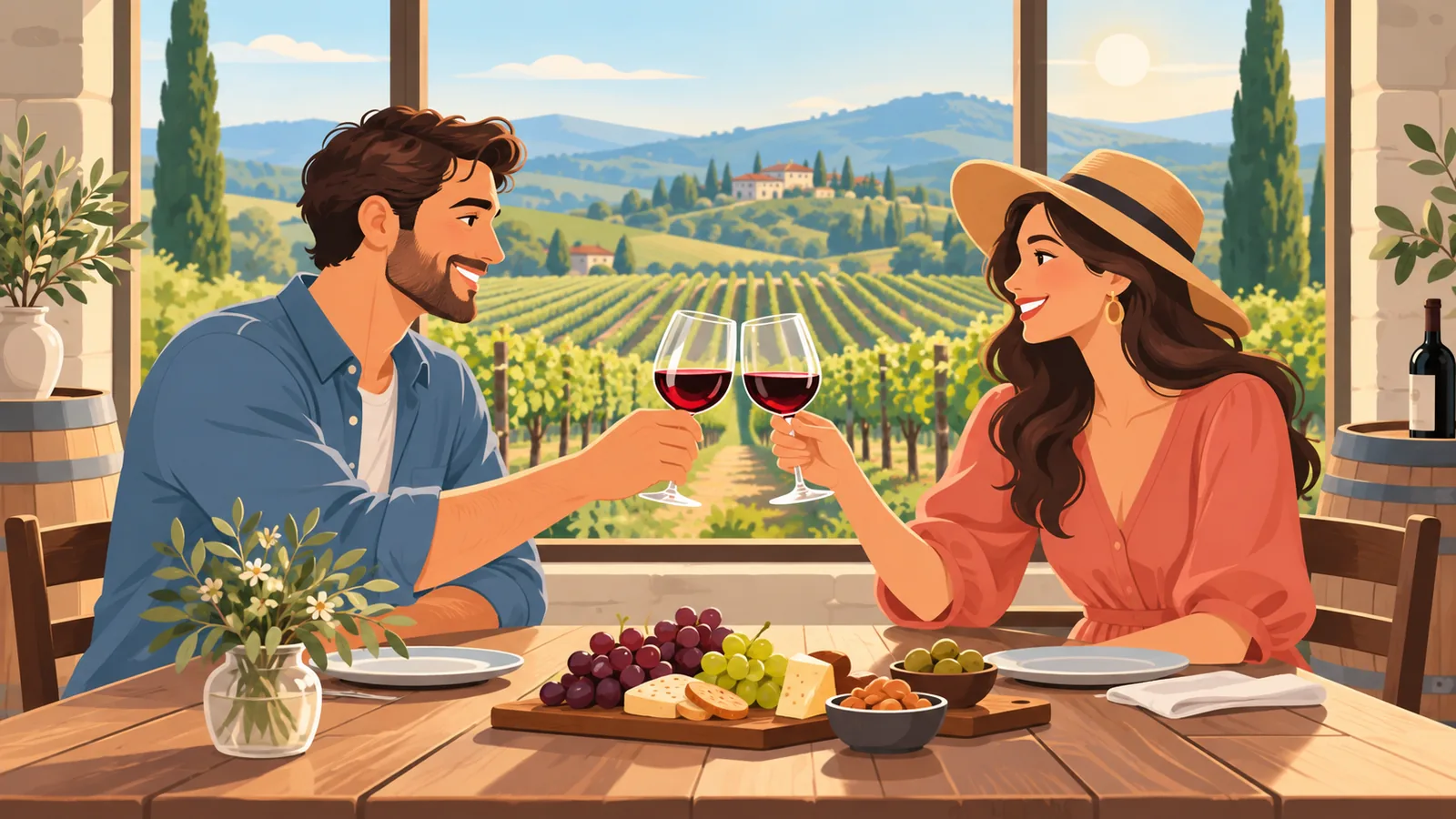 Pareja brindando en una cata de vino como regalo de experiencia