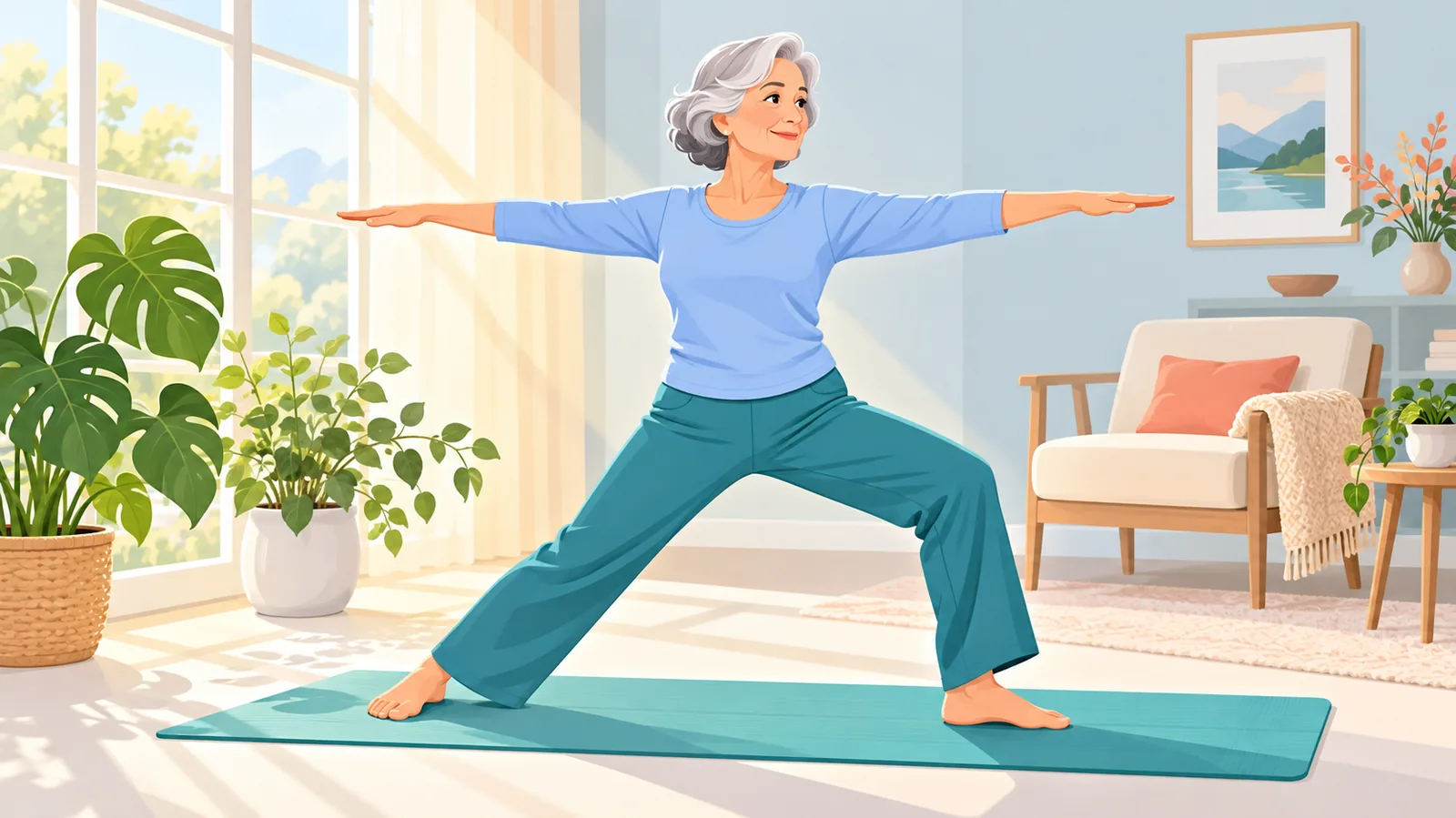 Mujer practicando yoga en casa en un salón soleado