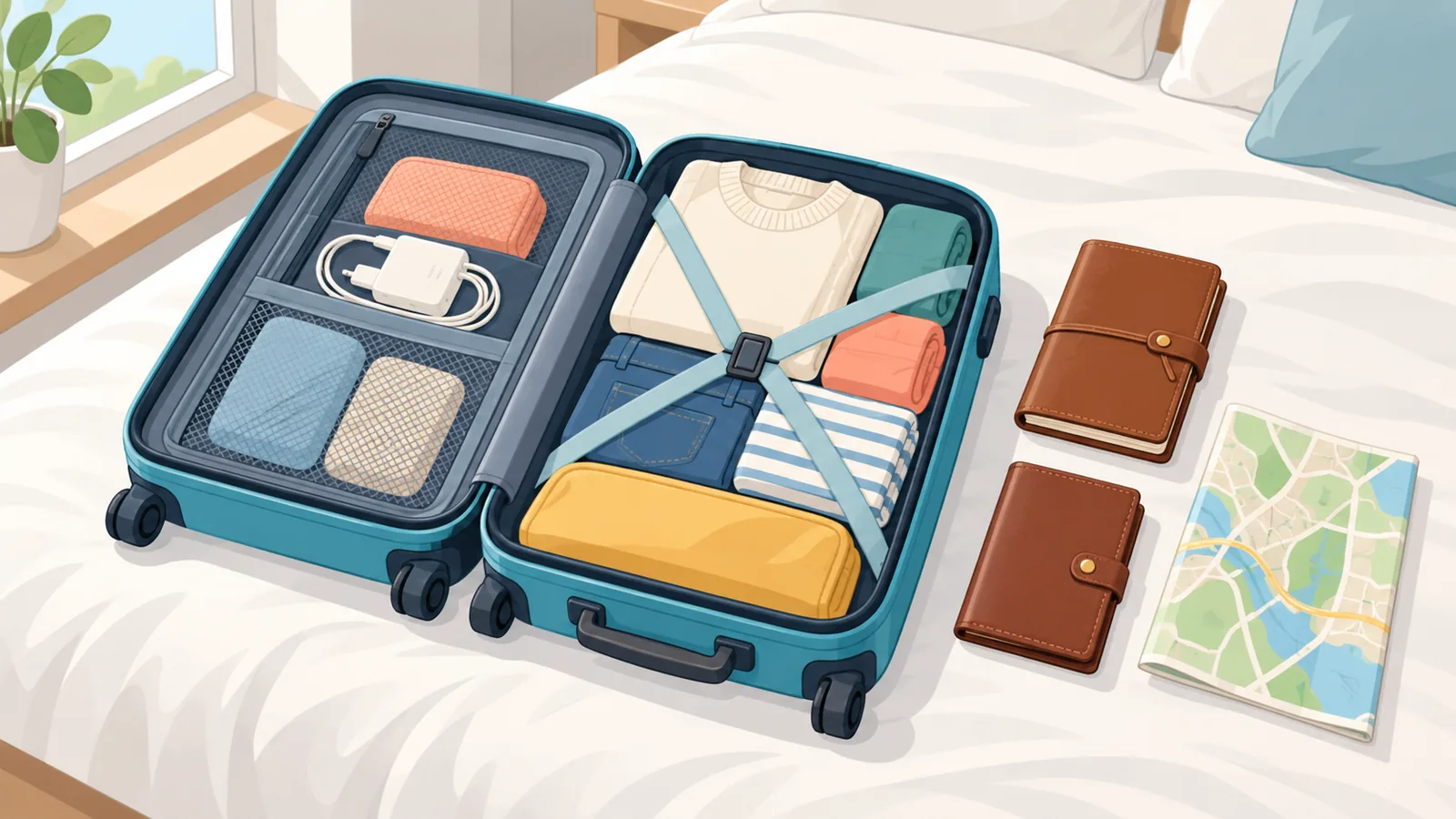 Maleta de cabina y cuaderno de viaje sobre una cama