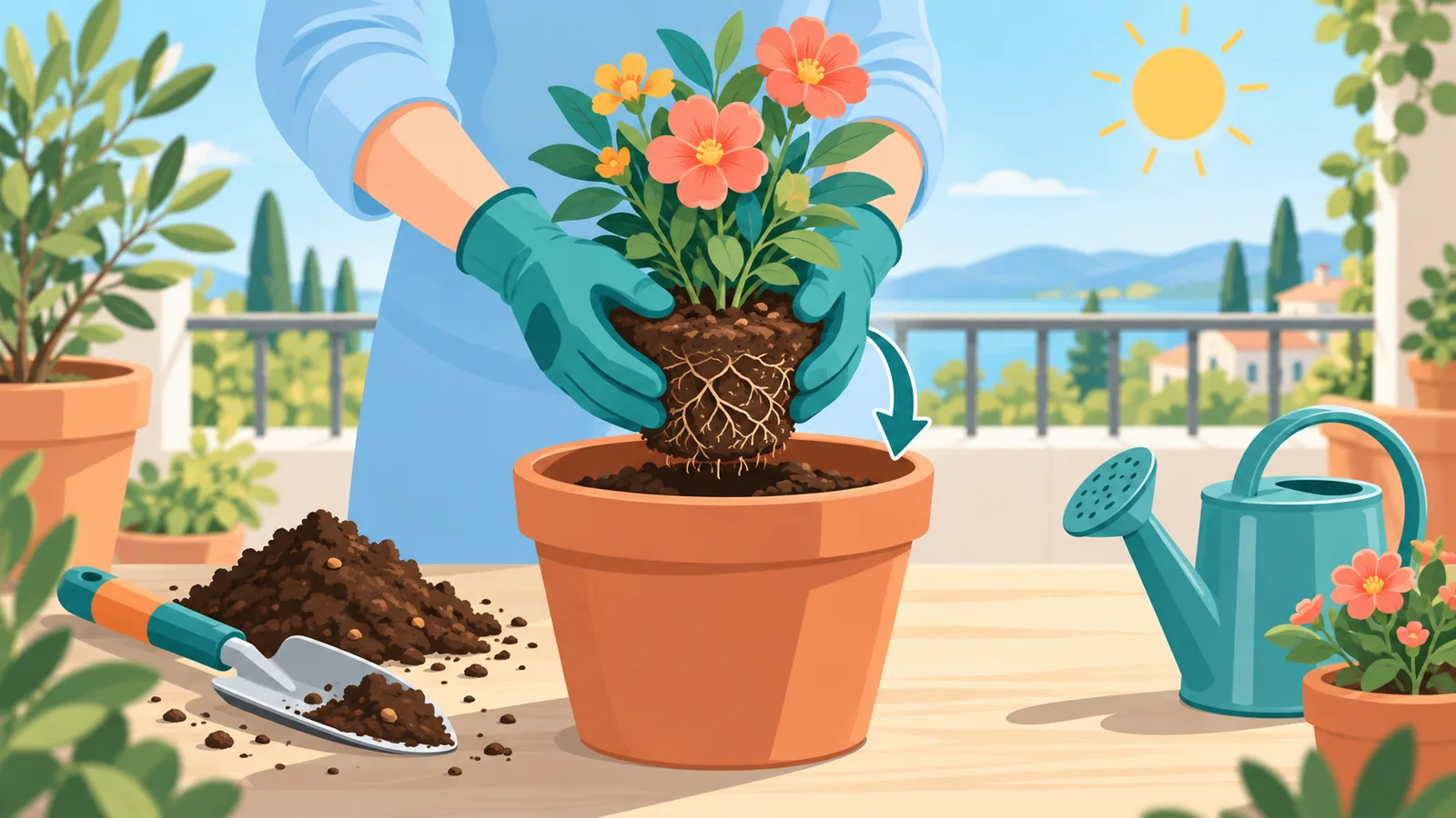 Manos plantando una flor en una maceta en una terraza soleada