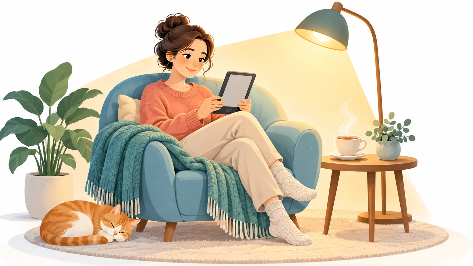 Mujer leyendo con un lector electrónico en un sillón