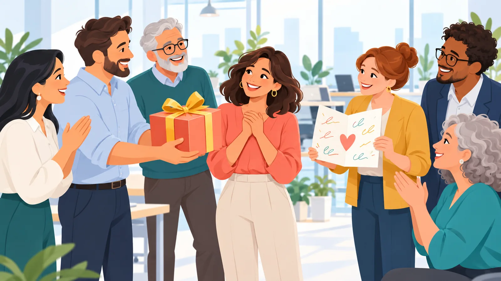 Compañeros entregando un regalo grupal de jubilación en la oficina
