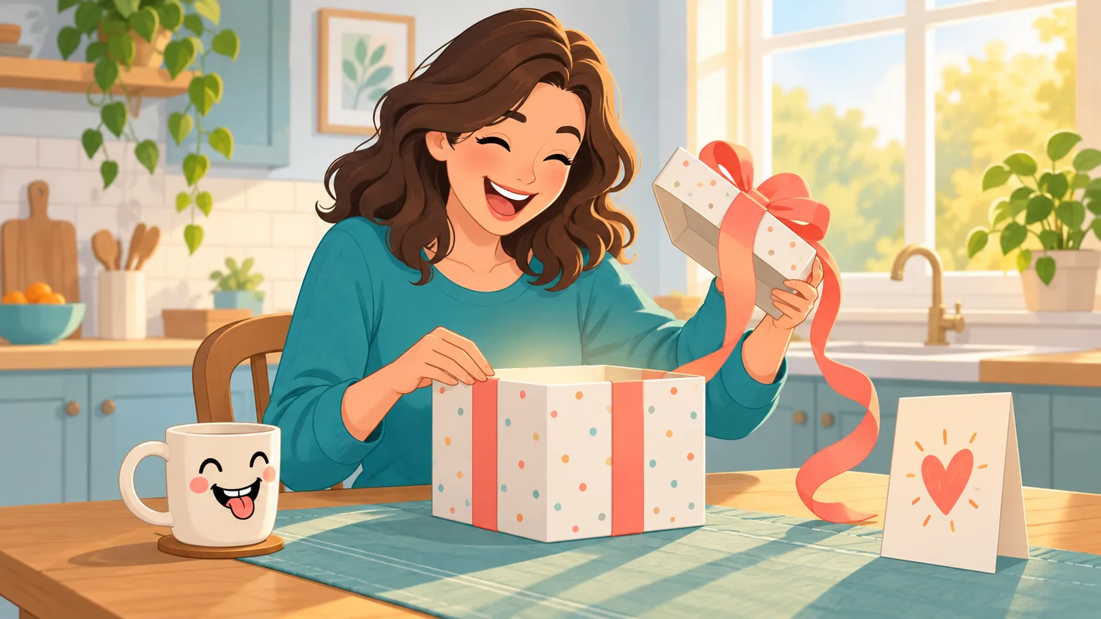 Mujer riendo al abrir un regalo con lazo