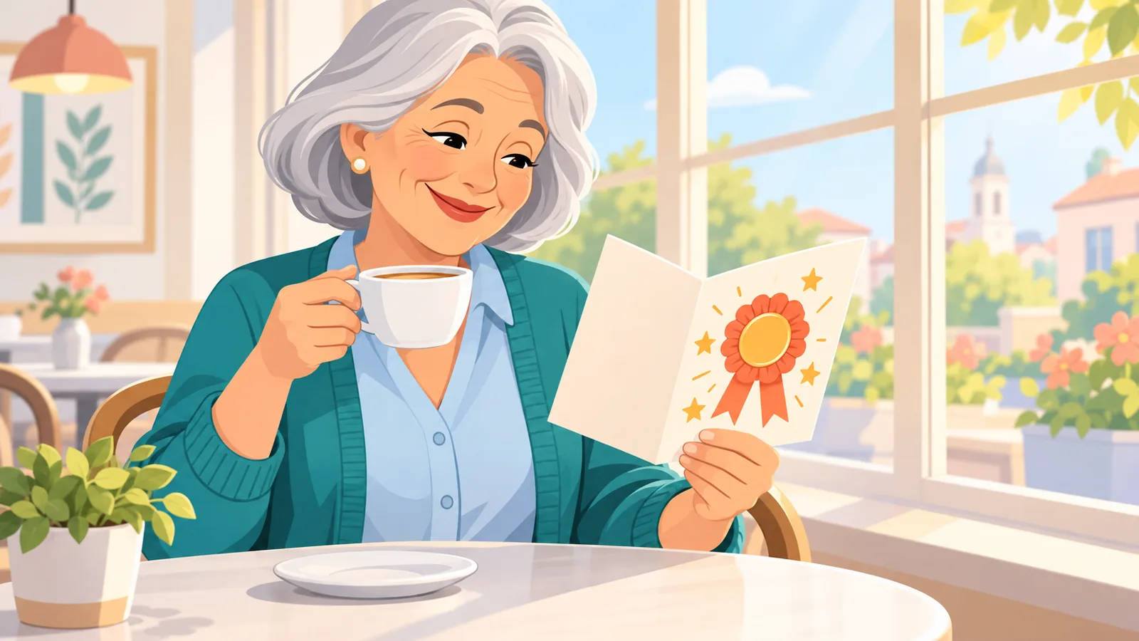 Mujer mayor sonriendo con una taza de café y una tarjeta de felicitación
