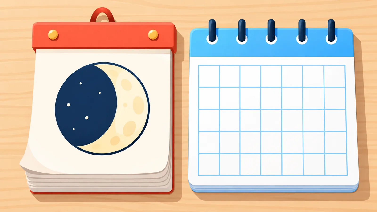 Calendario tradicional chino junto a un calendario occidental sobre una mesa de madera