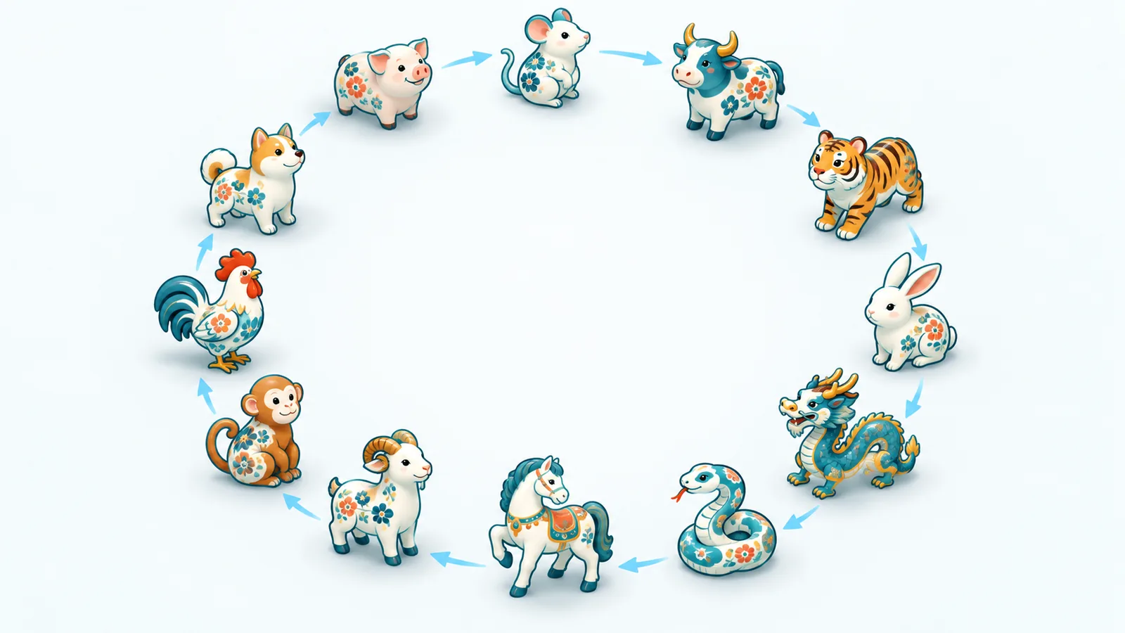 Doce figuras de animales del zodiaco chino dispuestas en círculo