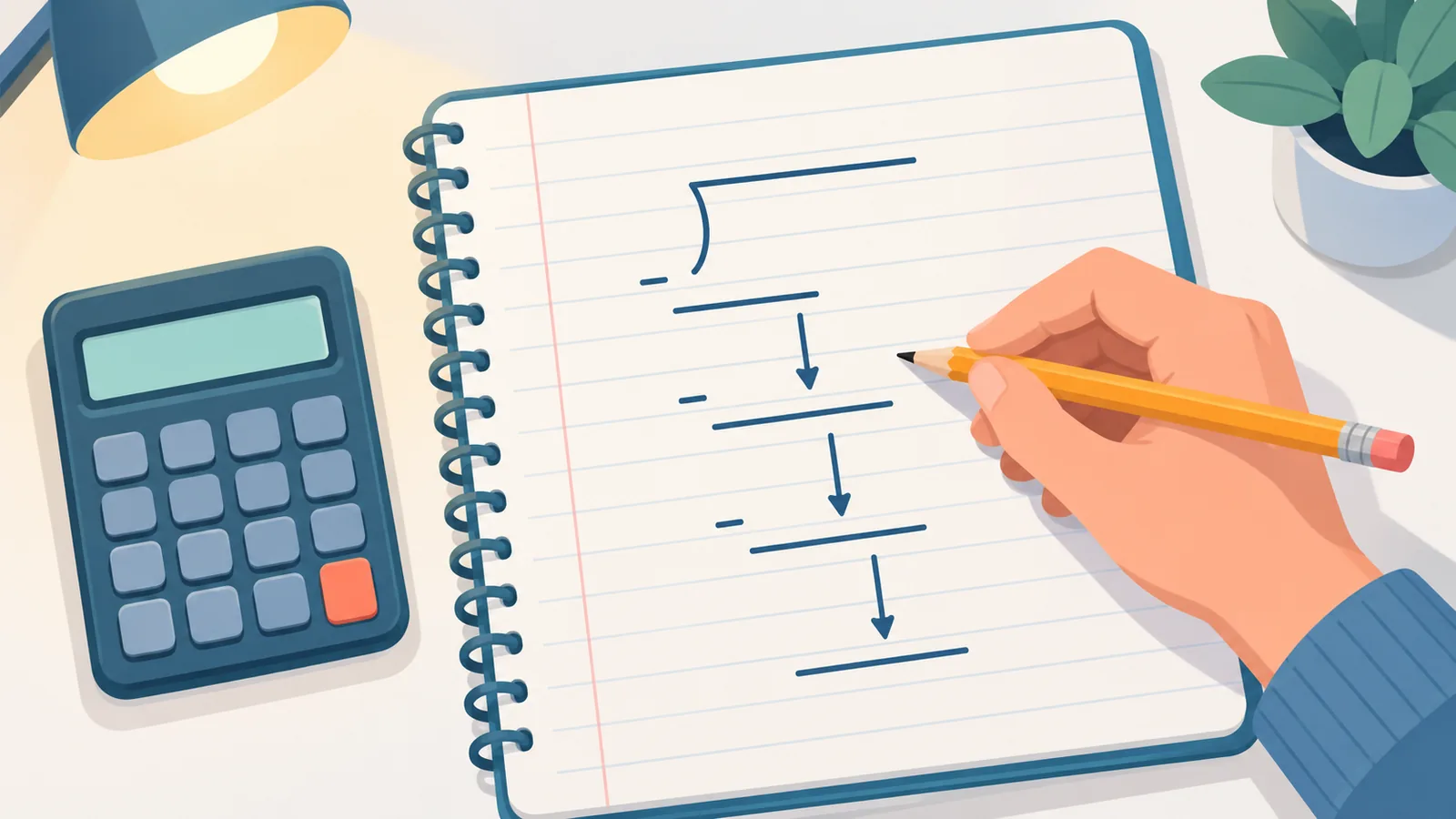 Cálculo de una división a mano en un cuaderno con una calculadora al lado