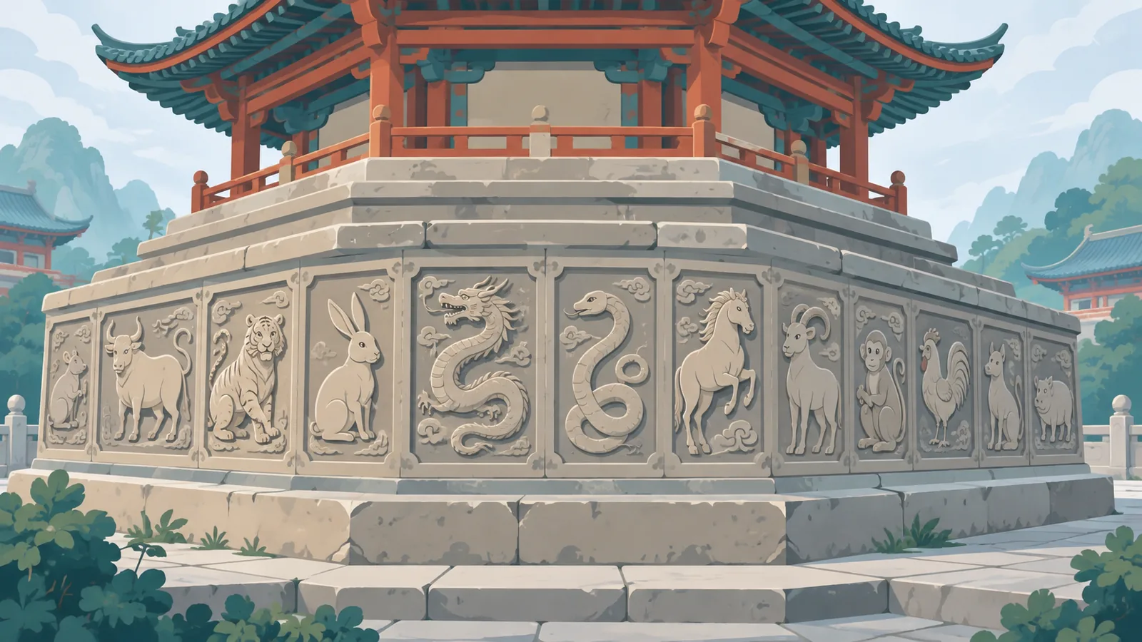 Relieves de piedra de animales del zodiaco en una pagoda tradicional asiática