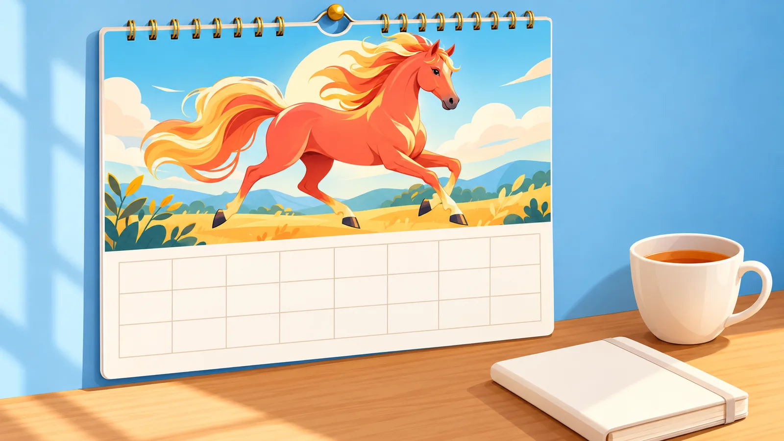Escritorio de madera con un calendario de pared con caballos, un cuaderno y una taza de té