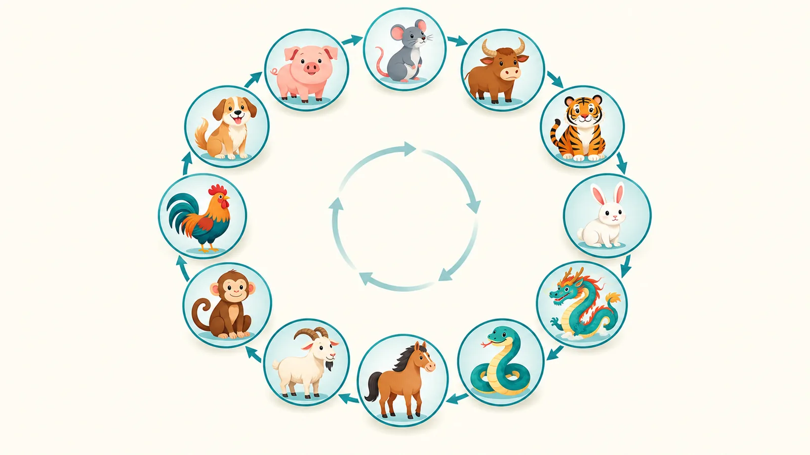 Ilustración circular con los doce animales del zodiaco chino sobre papel crema