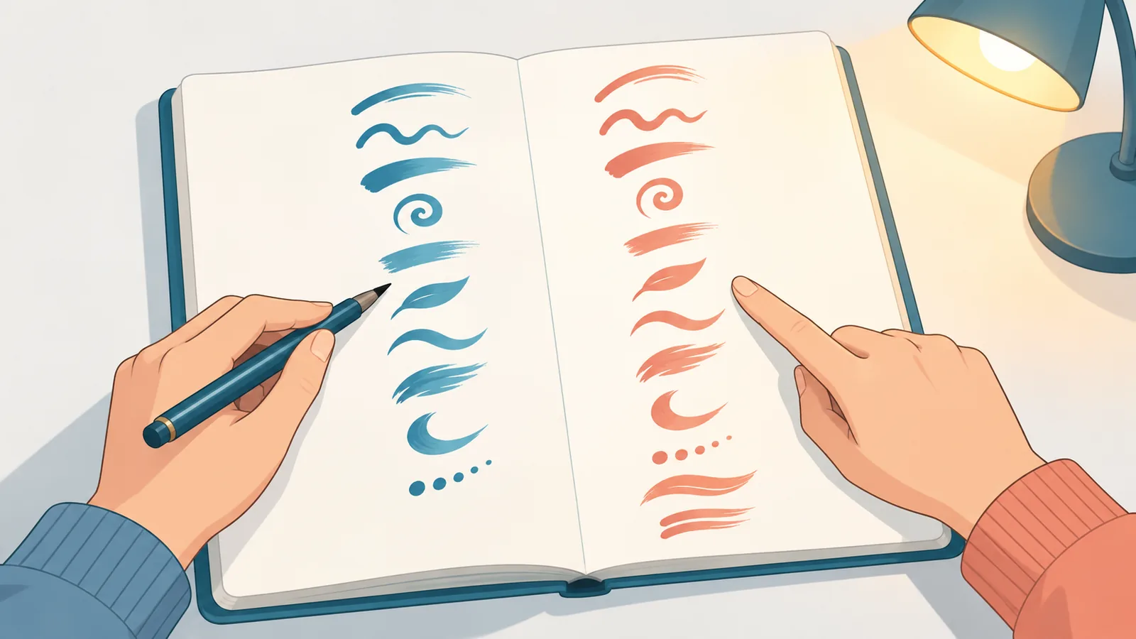 Manos señalando con un bolígrafo columnas de caracteres en un cuaderno abierto
