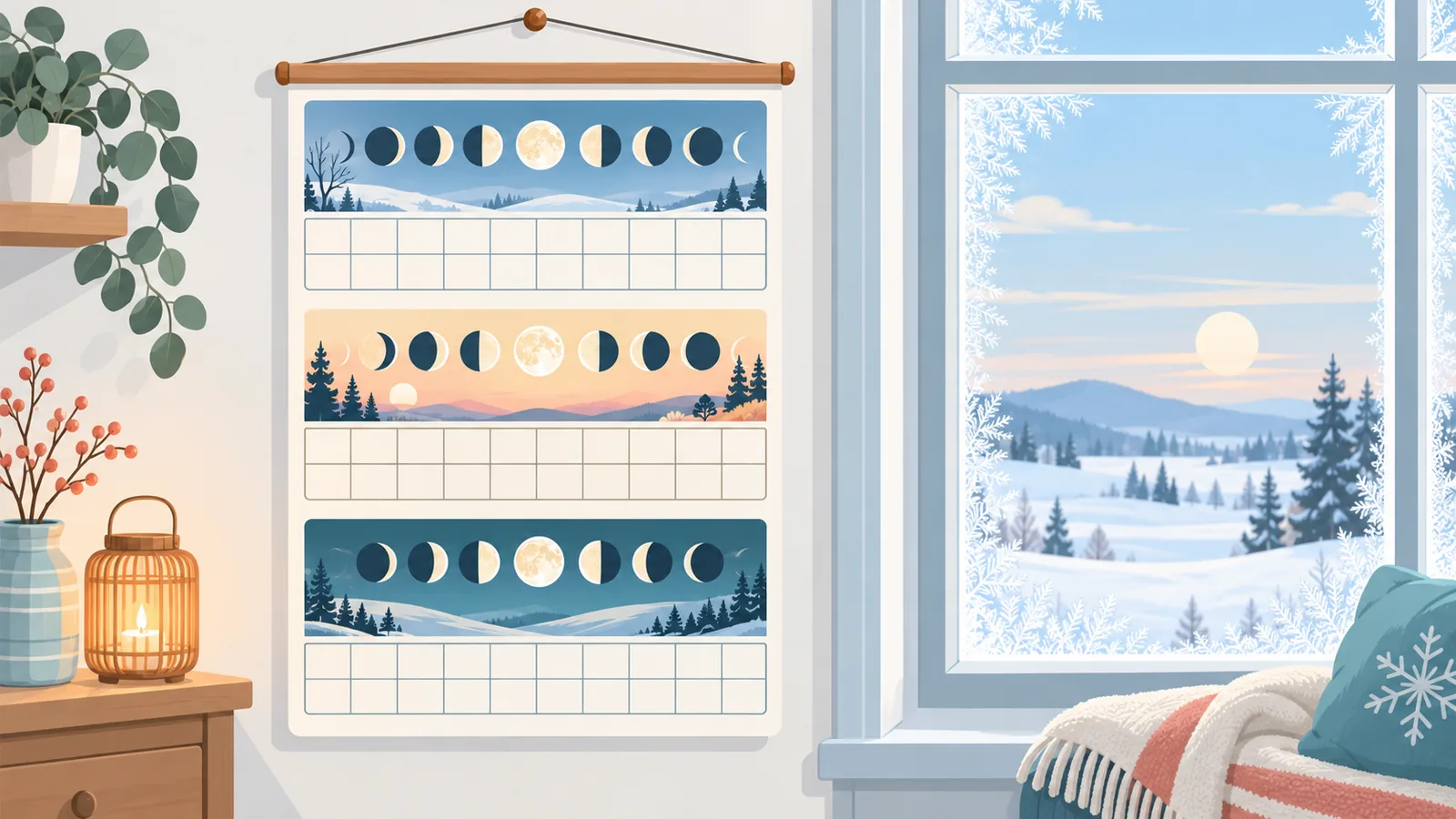 Calendario lunar de principios de año junto a una ventana con luz invernal