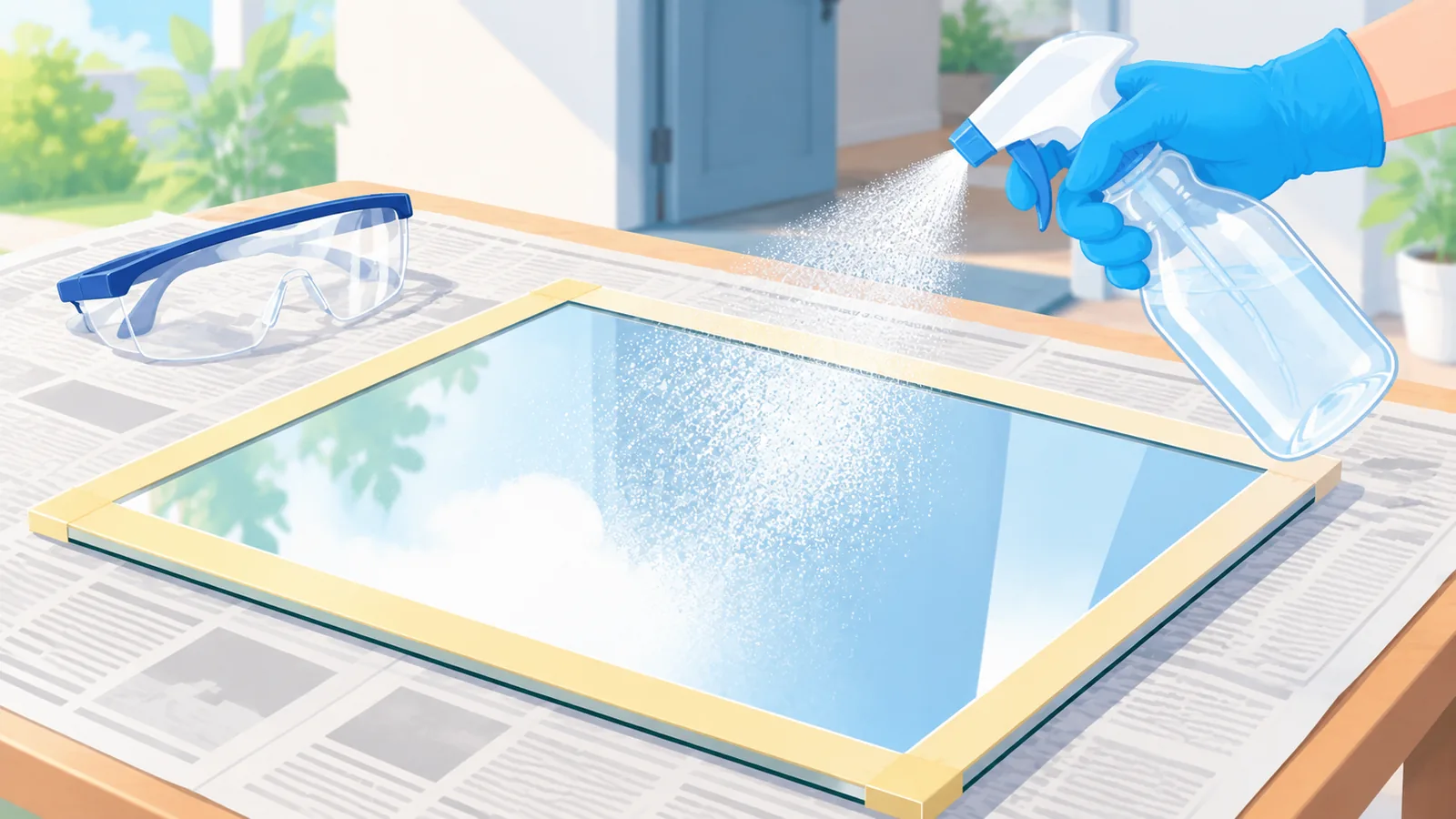 Aplicación de una capa fina de spray de efecto espejo sobre el vidrio