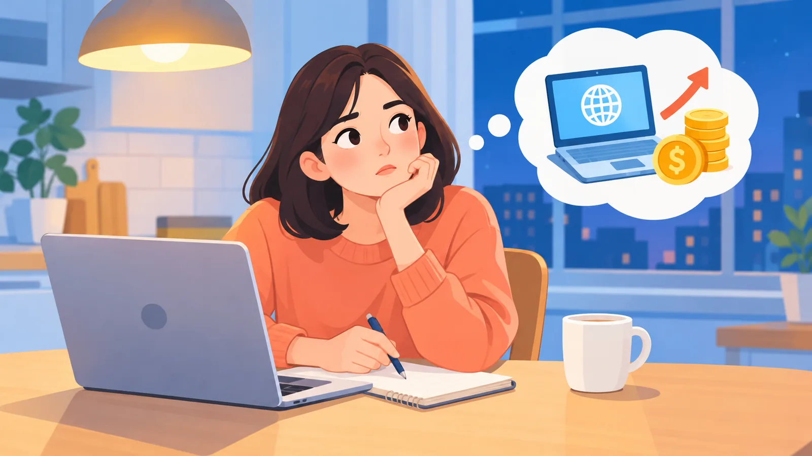 Persona pensando en ingresos extra online con un portátil y una libreta