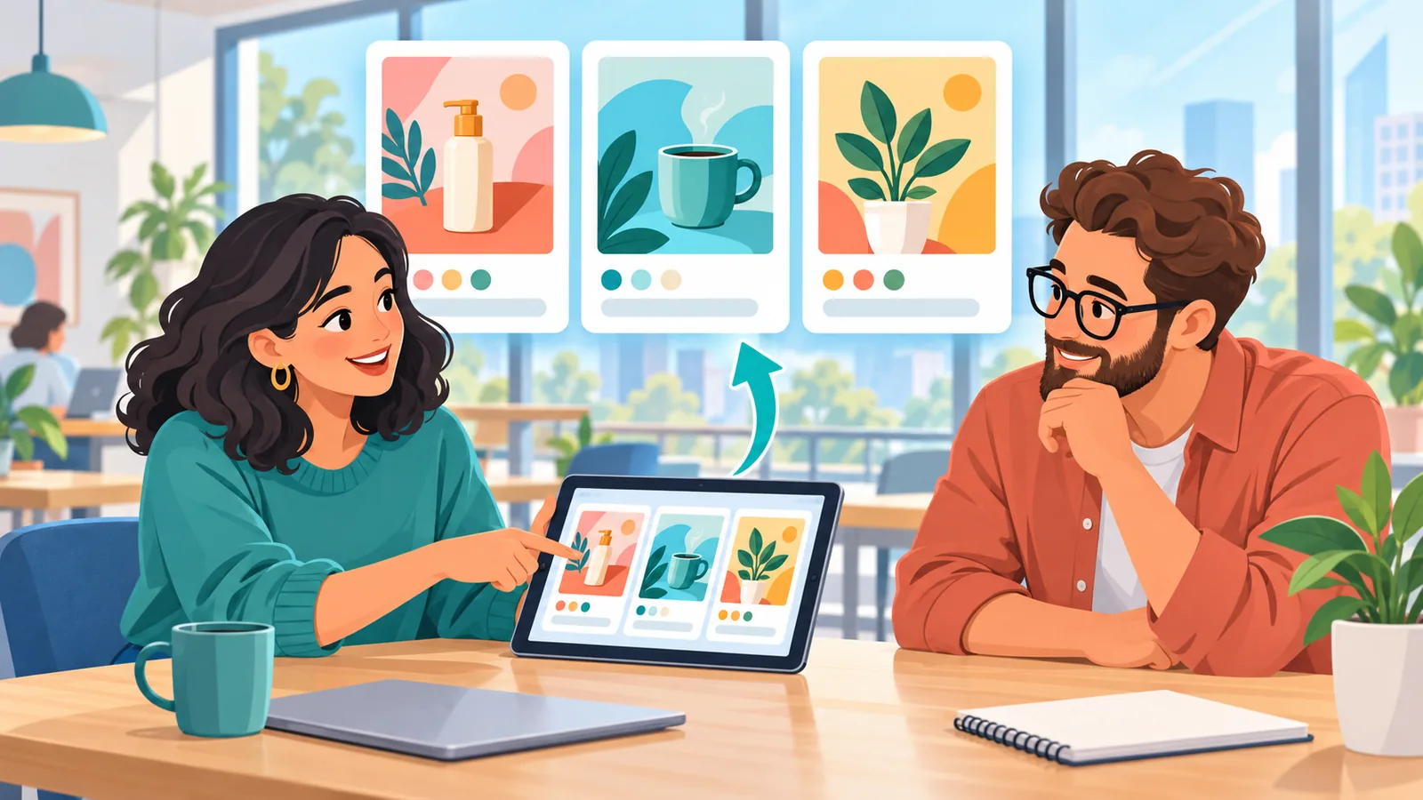 Diseñadora mostrando publicaciones para redes sociales a una clienta
