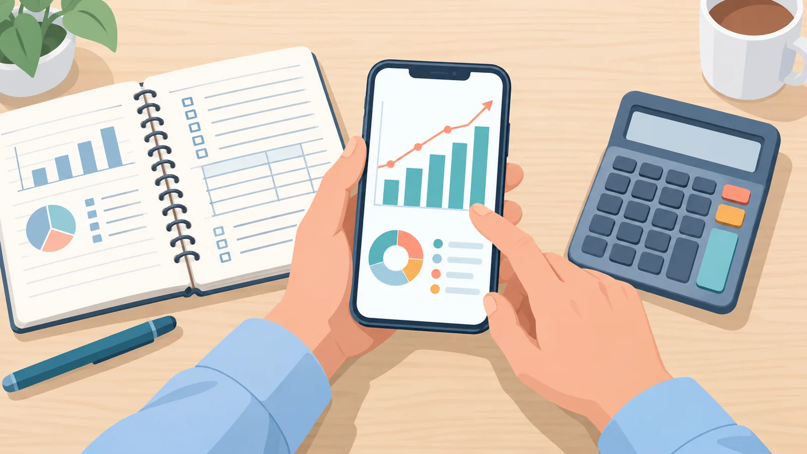 Revisión de ingresos con móvil, cuaderno y calculadora